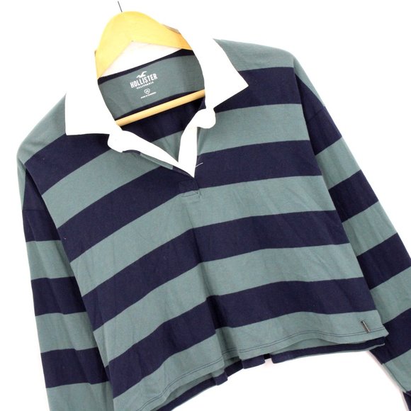 Hollister Polo Shirt Women's Casual Multicolor Striped Long Sleeve Cropped SZ M - Picture 3 of 7